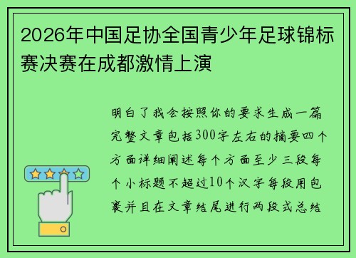 2026年中国足协全国青少年足球锦标赛决赛在成都激情上演
