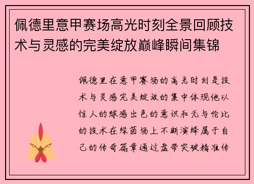 佩德里意甲赛场高光时刻全景回顾技术与灵感的完美绽放巅峰瞬间集锦
